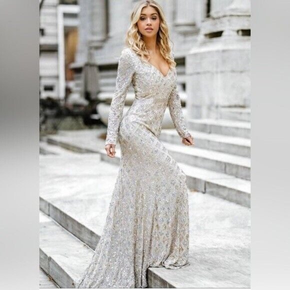 Mac Duggal Dress 5021 Geometric Embellished Evening Gown Long Sleeve - Picture 4 of 16